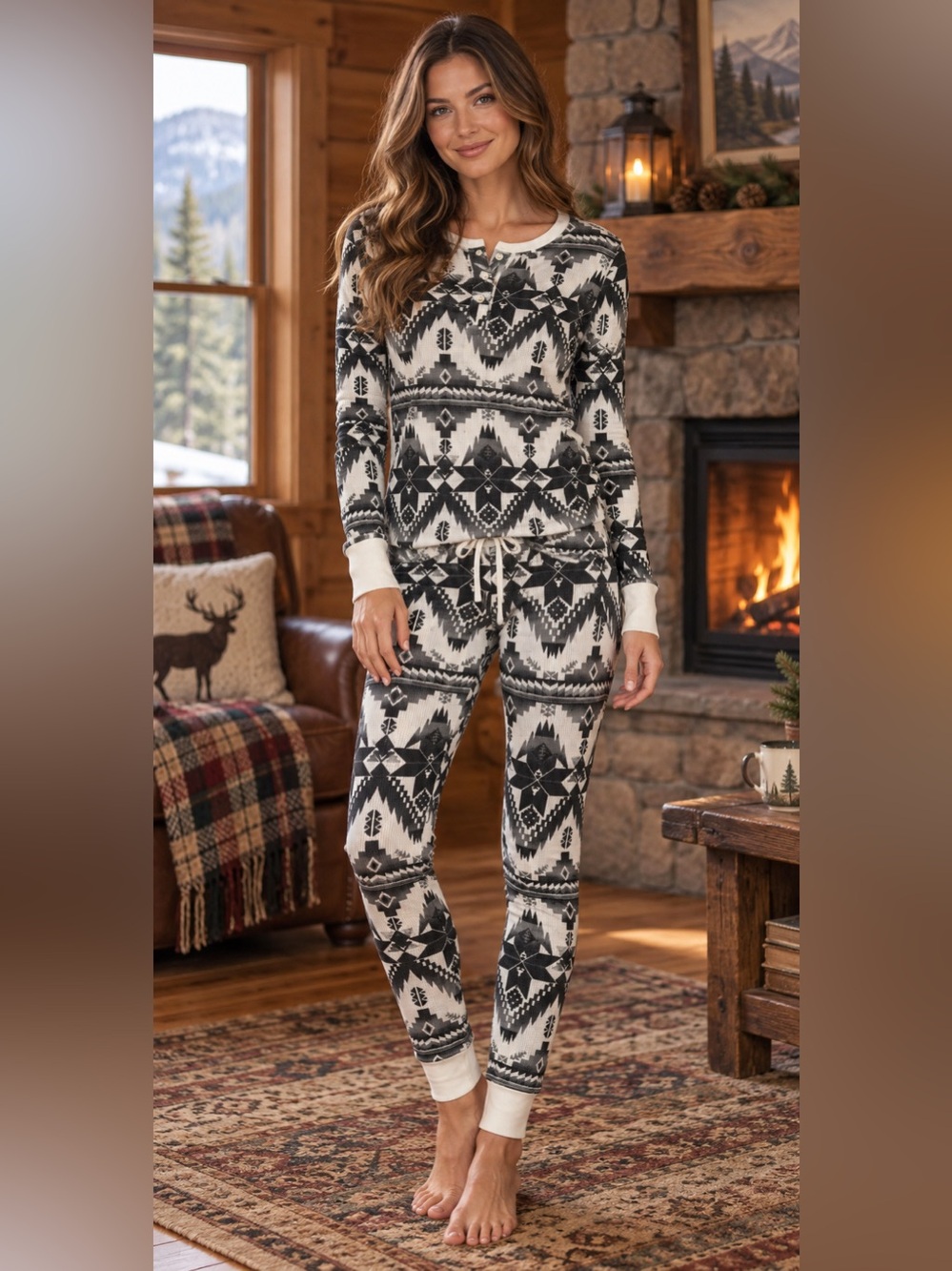 Polo Ralph Lauren Women’s S Southwestern Thermal Pajama Set Black White